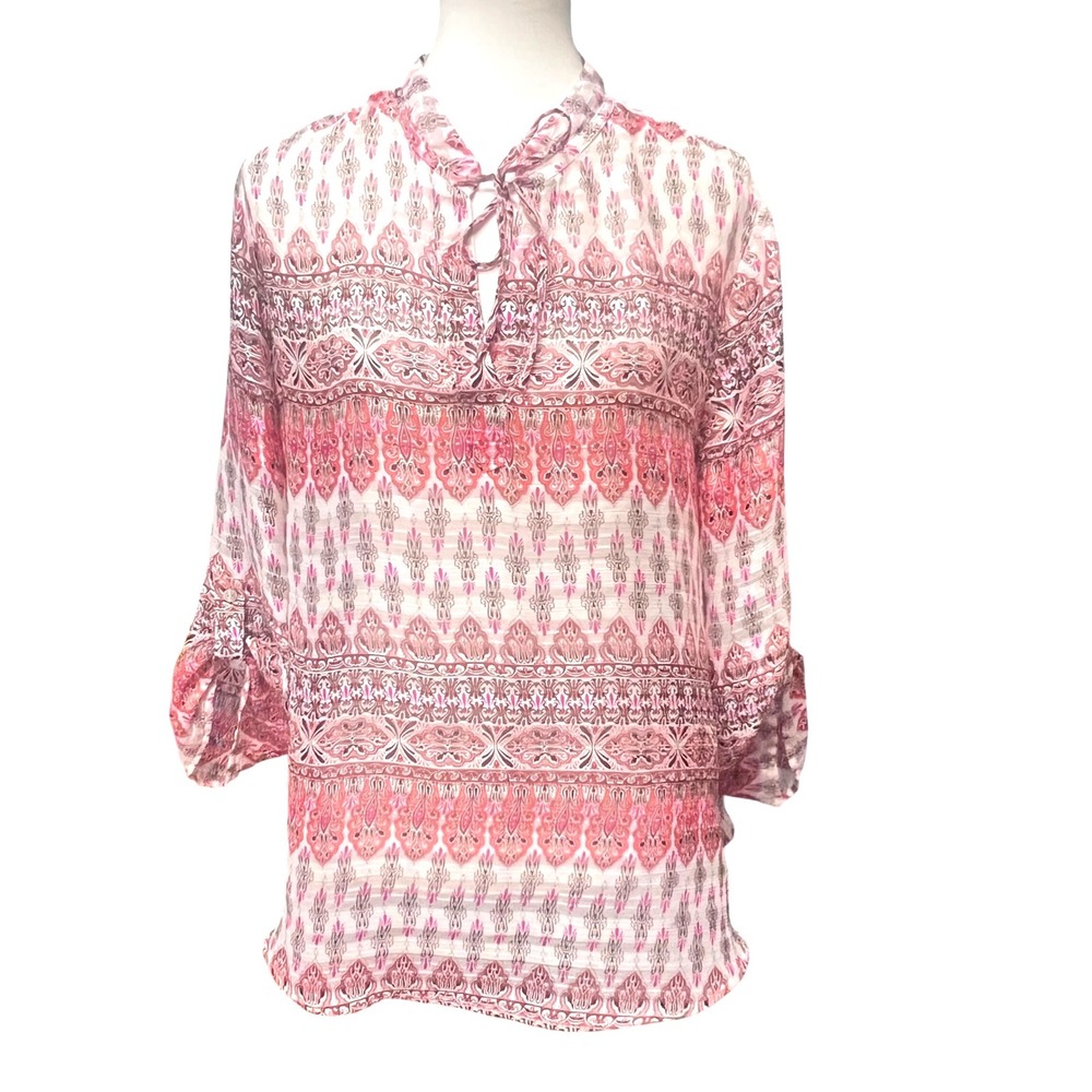 Chico's Pink Medallion Sheer Women's Bohemian Roll Tab Sleeve Blouse Size 3 XL